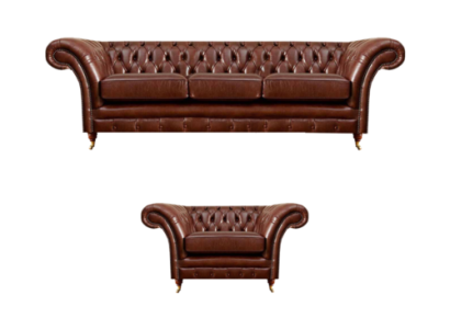 Braun Garnitur 2tlg Dreisitzer Sofa Leder Sessel Chesterfield Wohnzimmer