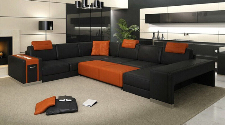 Ecksofa Sofa Wohnlandschaft U Form Polster Couch Ledersofa Hocker