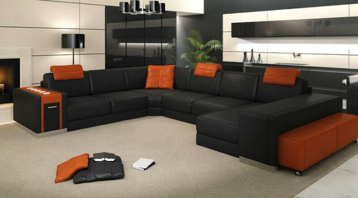 Ecksofa Sofa Wohnlandschaft U Form Polster Couch Ledersofa Hocker