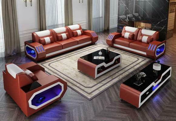 Ledersofa Couch Sofa Garnitur 3+2+1 - Beleuchtete Designer Couchen Neu