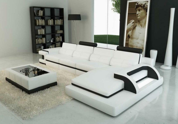 Ecksofa L-Form Sofa Couch Design Grau Polster Leder Modern Beleuchtete