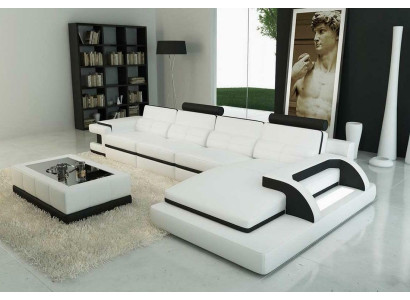 Ecksofa L-Form Sofa Couch Design Grau Polster Leder Modern Beleuchtete