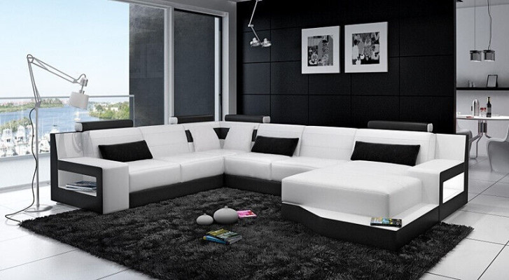 Ecksofa Sofa Wohnlandschaft U Form Polster Couch Ledersofa Weiß