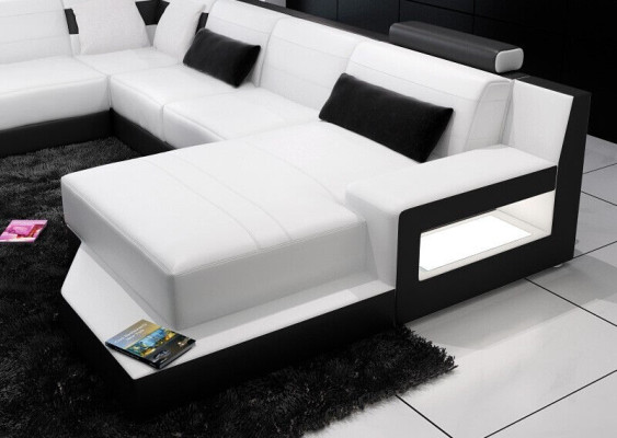 Ecksofa Sofa Wohnlandschaft U Form Polster Couch Ledersofa Weiß