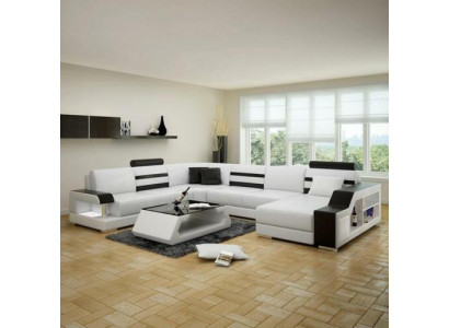 Ecksofa Wohnlandschaft U Form Sofa - Ledersofa Garnitur mit Regal Leder