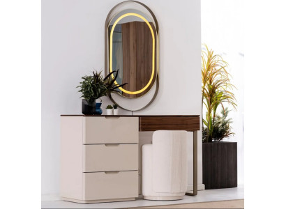 Luxus Beige Schminktisch Oval Spiegel Schubladen Designer Frisierkommode