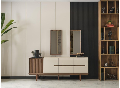 Modernes Weißes Braunes Anrichte Luxe Holzmöbel Spiegel Esszimmer 2tlg
