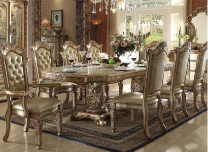 Altgoldene Esszimmer Möbel Luxuriöser Esstisch & 6x Chesterfield Stühle 