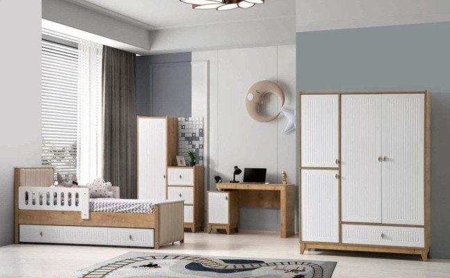 Komplett Kinderzimmer Set Bett 2x Kleiderschrank tisch Helles 4tlg Neu