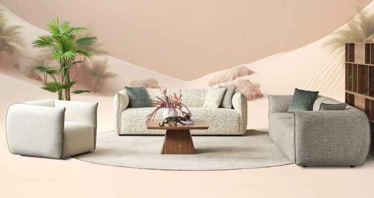 Couchgarnitur Dreisitzer Sessel Sofa Stoff Beige Stoffsofa Viersitzer 4+3+1