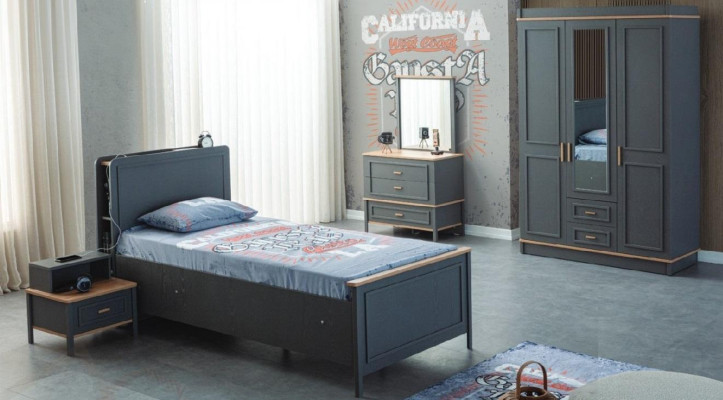 Kindermöbel Garnitur Kinderzimmer Bett Kinderbett Grau Holz Set 5tlg