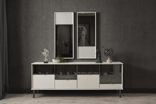 Modernes Set Designer Weißes Sideboard 2x Spiegel 4-türig 2tlg Luxus Set