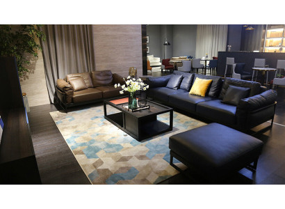 Exklusive Sofagarnitur 3+2 Sitzer Leder Hocker Polster Wohnzimmer Garnitur