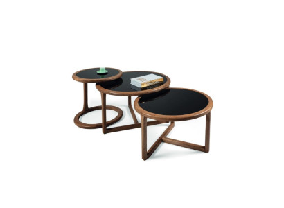 Designer Couchtisch Set 3tlg. Wohnzimmer holz Moderne braun Glastisch Rund Luxus