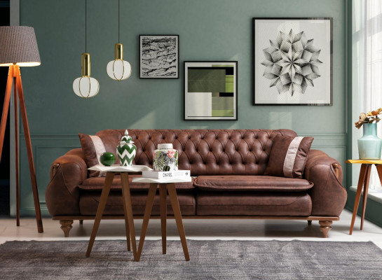 Chesterfield Dreisitzer Braune Couch Polster Möbel Textil Couchen Stoff