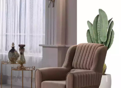 Brauner Textil Sessel Luxus Wohnzimmer Einsitzer Holzgestell Modern 