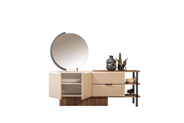 Garnitur Sideboard mit Spiegel Beige Holzschrank Schrank Holz Design