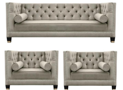 Beige Sofagarnitur Chesterfield Sessel Luxus Möbel Textil Stoff Wohnzimmer Neu