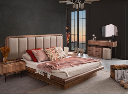 Braune Luxus Holz Schlafzimmer Garnitur Bett Spiegel Schminktisch Neu