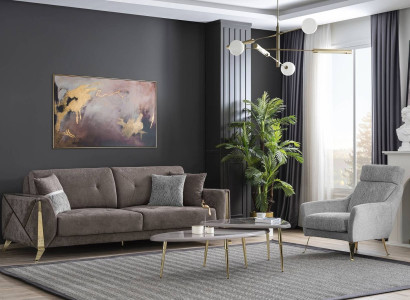 Braun-Graue Wohnzimmer Garnitur Dreistzer Luxus Sessel Couchtisch 4tlg