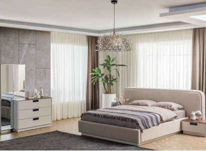 Beige Schlafzimmer Möbel Textilbett Holz Schminktische 2x Nachttische