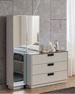 Beige Schlafzimmer Möbel Textilbett Holz Schminktische 2x Nachttische