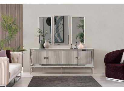 Anrichte Sideboard mit Spiegel Gruppe Kommode Holz Silber Esszimmer