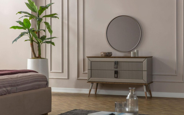 Braune Designer Kommode Edler Rundspiegel Luxus Schminktisch Set 2tlg