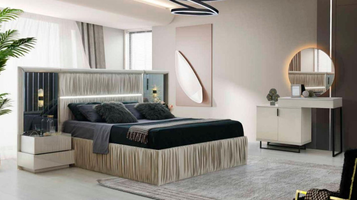 Schlafzimmer-Set 4tlg Bett 2x Nachttische Schminktisch mit Spiegel Weiß Modern