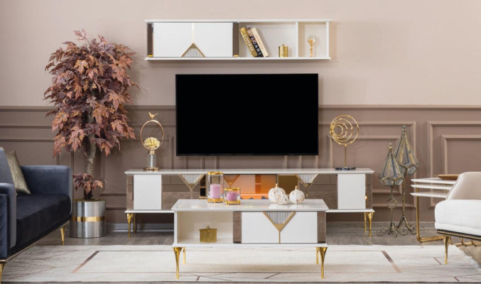 Wohnzimmer Möbel Wohnwand TV-Ständer Wandregal Holz Weißer neu Modern