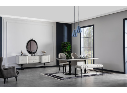 Esszimmer Tisch 4x Stühle Anrichte mit Spiegel Bank 7tlg. Set Gruppe