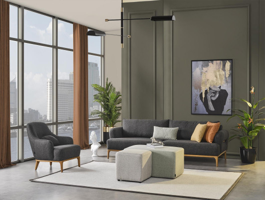 Sessel Design Luxus Polster Lounge grau Modernes Wohnzimmer Holz Textil
