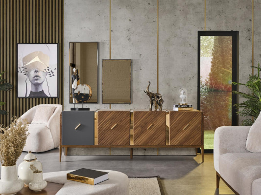 Anrichte 2x Spiegel Wohnzimmer Gruppe Holz Design Set 3tlg neu braun