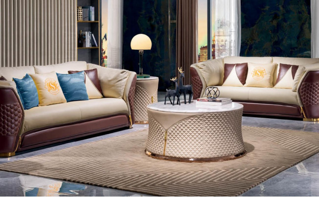 Beige-Braune Ledersofa Couchgarnitur 3+2 Sitzer Set Garnitur Polstersofas 2tlg.