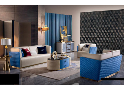 Blau-Beige Ledersofas Designe Wohnzimmer Garnitur 3+2 Set 2tlg.