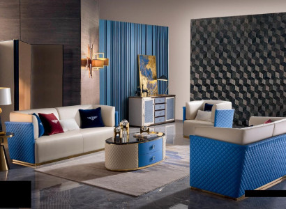 Blau-Beige Ledersofas Designe Wohnzimmer Garnitur 3+2 Set 2tlg.