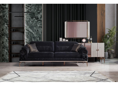 Stilvoller 3-Sitzer Wohnzimmer Schwarze Luxus Couch Modernes Holzgestell