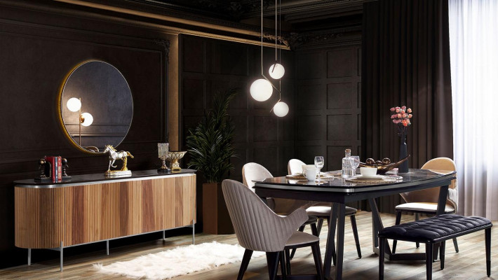 Stilvoll 8tlg.Esszimmer Set Esstisch 4x Stühle Anrichte Spiegel Bank neu