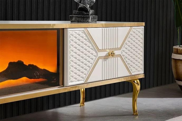 Luxuriöses TV-Sideboard weißgoldfarbenem Rahmen aus MDF Metall Weiß