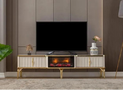  Wohnzimmer TV-Lowboard weiß + gold MDF Sideboard Metall RTV Luxus Neu