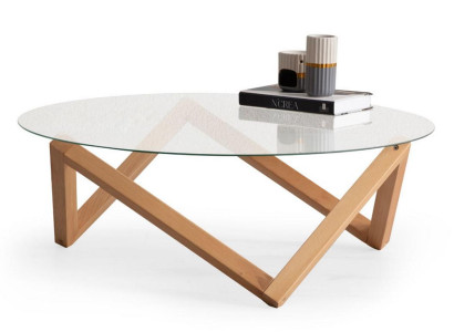  Couchtisch im modernen Stil runde Glastischplatte Wohnzimmer Holzbeine