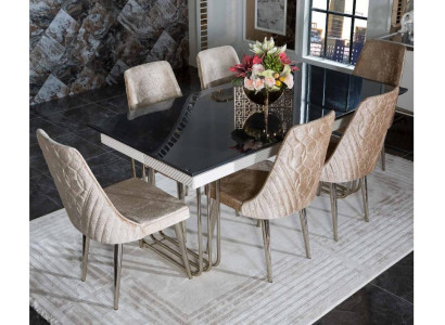 Schwarz-Weißer Esszimmer Glastisch Designer Textilstühle Esszimmermöbel