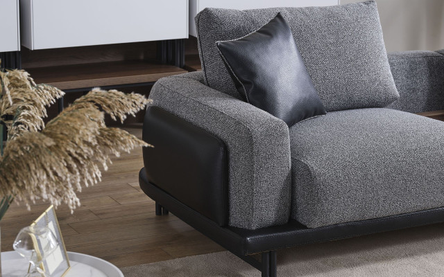 Graue Wohnzimmer Garnitur Luxus Ecksofa L-Form Couch Couchtisch Hocker