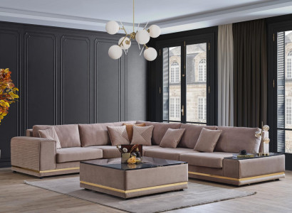 Beiges Wohnzimmer Set Stilvolle L-Form Wohnlandschaft Designer Hocker