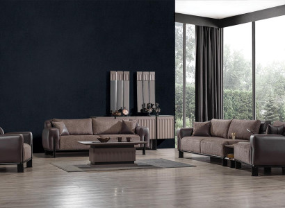 Braune Wohnzimmer Leder Garnitur 3-Sitzer Sofa Sessel Couchtisch 4tlg