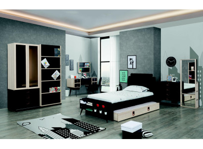 Modernes Jugendzimmer Set Bett Nachttisch Kleiderschrank Wandregal Schwarz 6tlg.