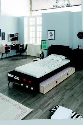 Modernes Jugendzimmer Set Bett Nachttisch Kleiderschrank Wandregal Schwarz 6tlg.