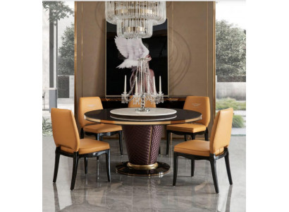 Luxus Designer Esszimmer mit Runden Esstisch & 6 x Lehn Stühle Metall