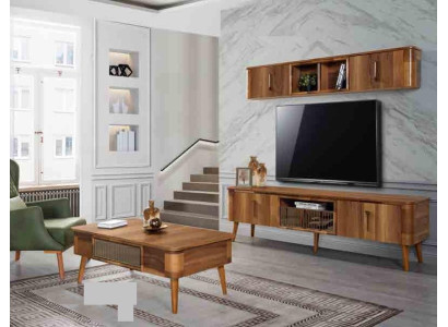 rtv tv Sideboard Leder Holz Tisch Fernseh Schrank Tisch Design Low 2tlg. Set Neu