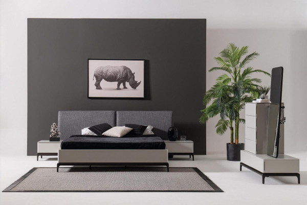 Modernes schwarz-weißes Schlafzimmer-Set (Bett, zwei Nachttische, Kommode mit Spiegel)